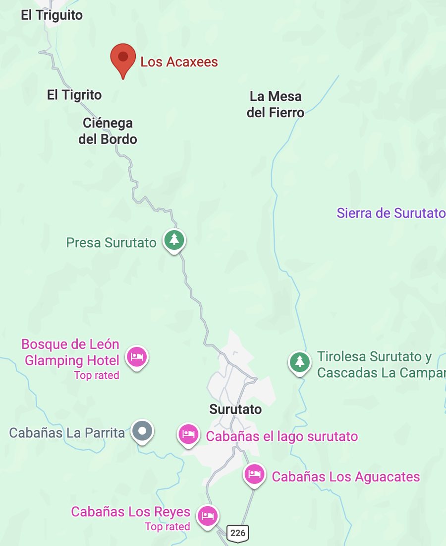 Mapa de Los Acaxees y Surutato con localidades